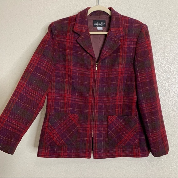 Requirements Wool Blend Red Plaid Zip Up Blazer Jacket, Size 12 - Picture 2 of 11